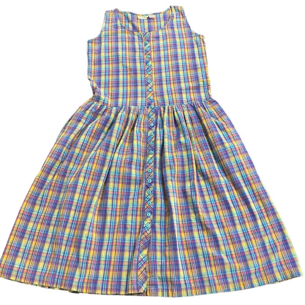 VTG Victoria Harbor Multi Color Gingham Full Button Jumper Overall Dress Size M